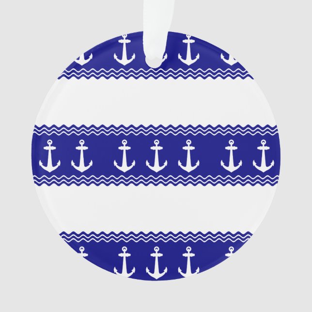 Navy Blue Coastal Pattern Anchors Ornament (Front)