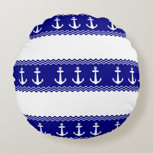 Navy Blue Coastal Pattern Anchors Round Pillow