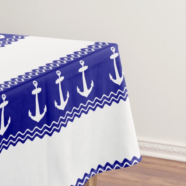 Navy Blue Coastal Pattern Anchors Tablecloth (In Situ)
