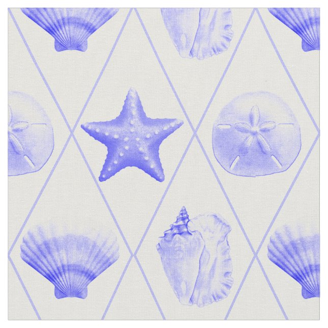 Navy Blue Coastal Seashells Starfish Fabric (Close Up)