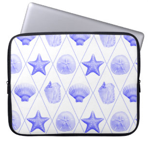 Navy Blue Coastal Seashells Starfish Laptop Sleeve