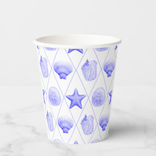 Navy Blue Coastal Seashells Starfish Paper Cups