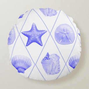 Navy Blue Coastal Seashells Starfish Round Pillow