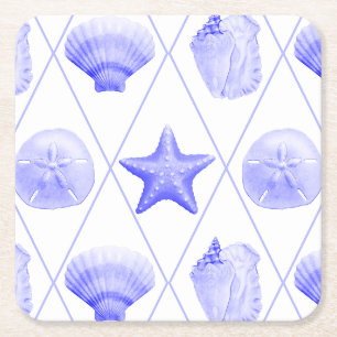 Navy Blue Coastal Seashells Starfish Square Paper Coaster