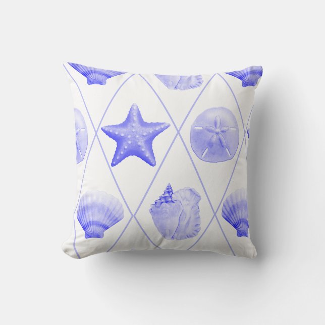 Navy Blue Coastal Seashells Starfish Throw Pillow (Front)