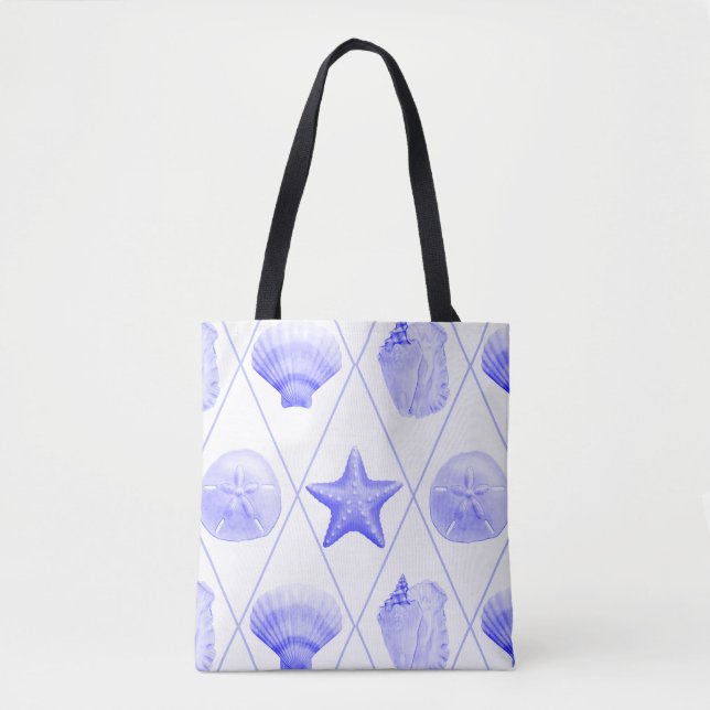 Navy Blue Coastal Seashells Starfish Tote Bag (Front)