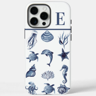 Navy Blue Coastal Watercolor Custom Initial iPhone 16 Pro Max Case