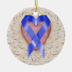 Navy Blue Colon Cancer Ribbon From the Heart - SR Ceramic Ornament
