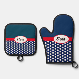 Navy Blue Color Block and Polka Dots Recipes Oven Mitt & Pot Holder Set