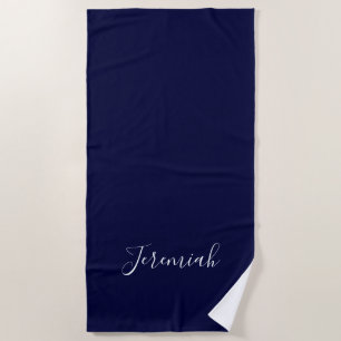 Navy Blue Color Plain Modern Own Name Calligraphy Beach Towel