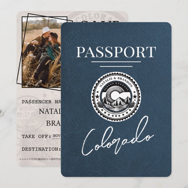 Navy Blue Colorado Passport Save The Date (Front/Back)