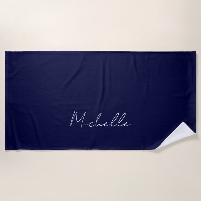 Navy Blue Colour Plain Modern Own Name Calligraphy Beach Towel (Front)