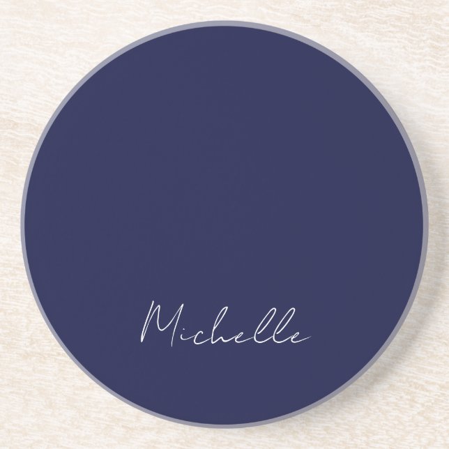 Navy Blue Colour Plain Modern Own Name Calligraphy Coaster (Front)