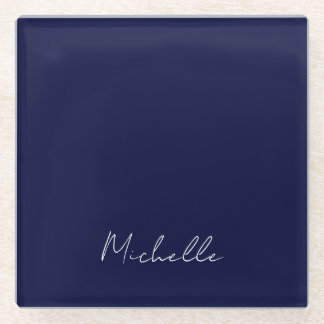 Navy Blue Colour Plain Modern Own Name Calligraphy Glass Coaster