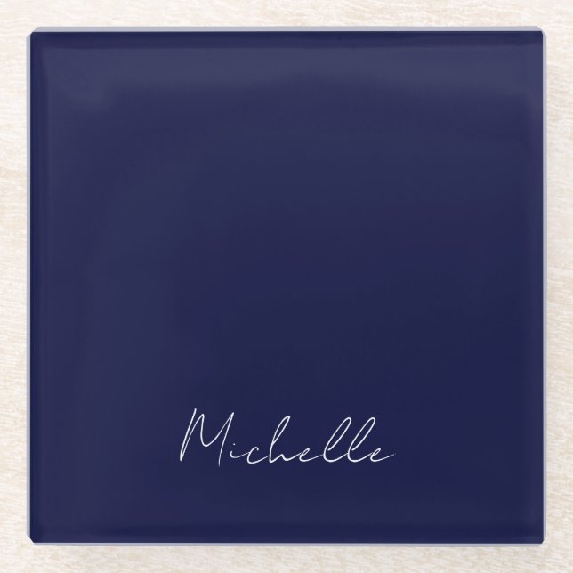Navy Blue Colour Plain Modern Own Name Calligraphy Glass Coaster (Front)
