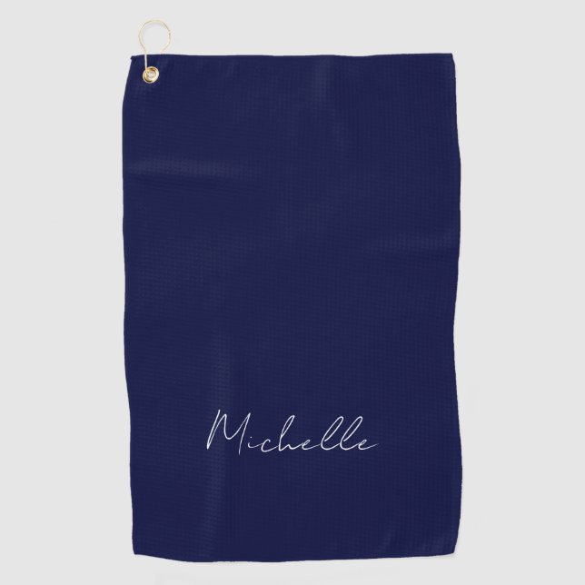 Navy Blue Colour Plain Modern Own Name Calligraphy Golf Towel (Front)