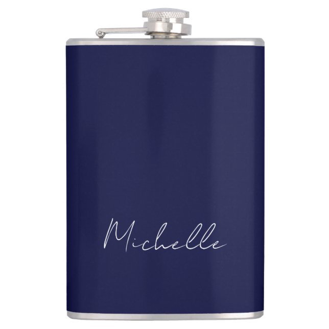 Navy Blue Colour Plain Modern Own Name Calligraphy Hip Flask (Front)