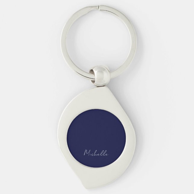Navy Blue Colour Plain Modern Own Name Calligraphy Keychain (Front)