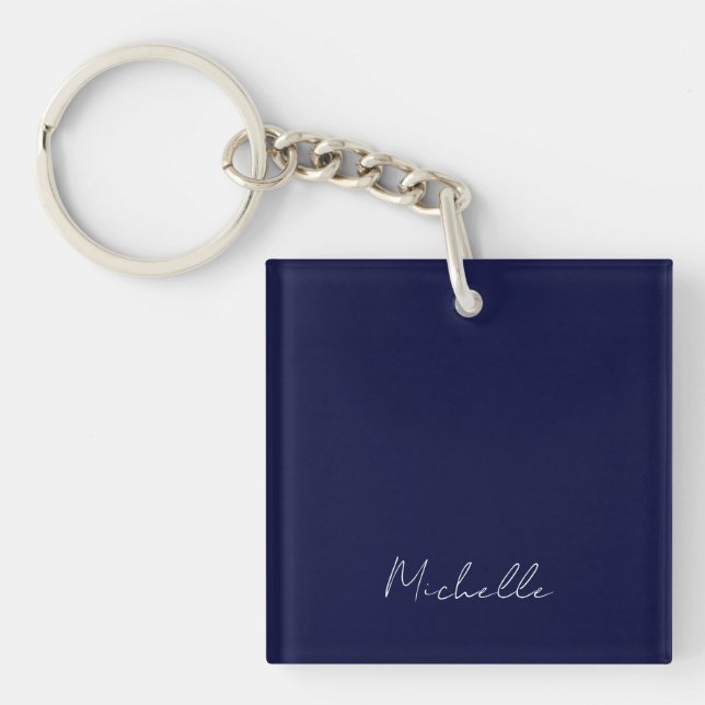 Navy Blue Colour Plain Modern Own Name Calligraphy Keychain (Front)