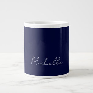 Navy Blue Colour Plain Modern Own Name Calligraphy Large Coffee Mug