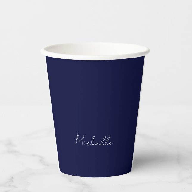 Navy Blue Colour Plain Modern Own Name Calligraphy Paper Cups (Front)