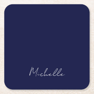 Navy Blue Colour Plain Modern Own Name Calligraphy Square Paper Coaster