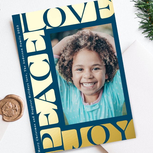Navy Blue colourful LOVE PEACE JOY photo frame Foil Holiday Card (Creator Uploaded)