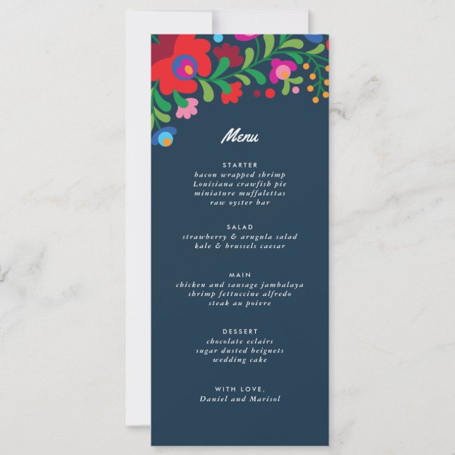 Navy Blue Colourful Mexican Embroidery Dinner Menu Invitation (Front)