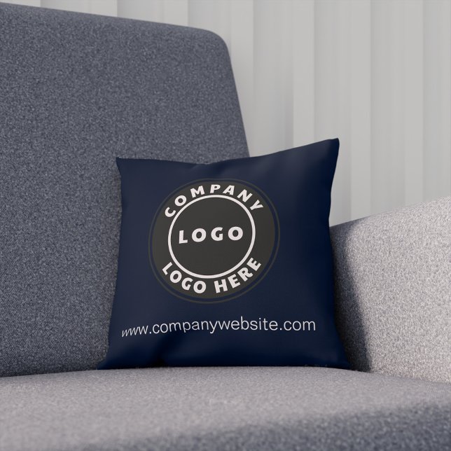 Navy Blue Company Logo Business Showroom Throw Pillow (Business Logo Elegant Navy Blue Throw Pillow)