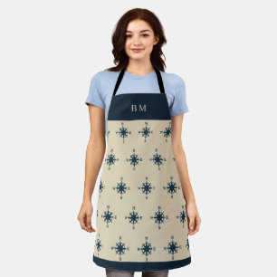 navy blue compass & Monogram Beige Coastal home Apron