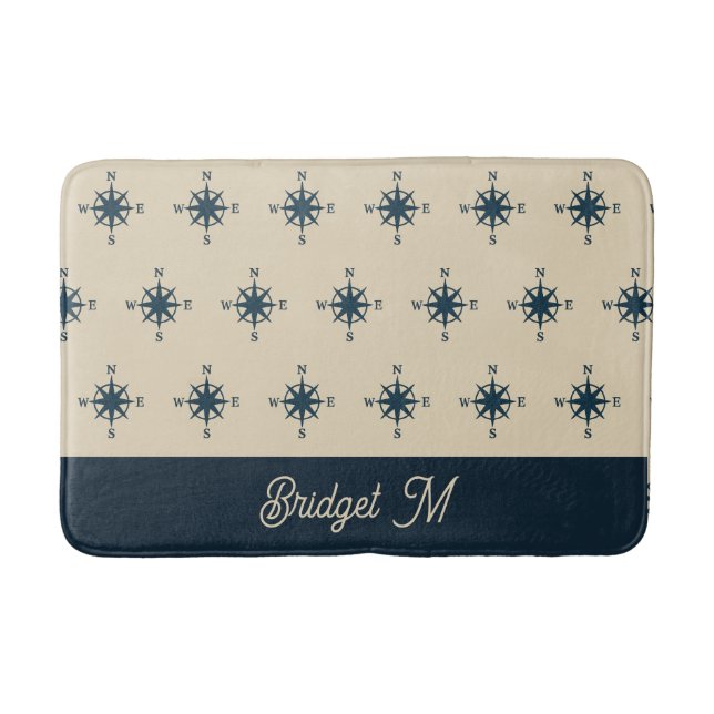 navy blue compass & Monogram Beige Coastal home Bath Mat (Front)
