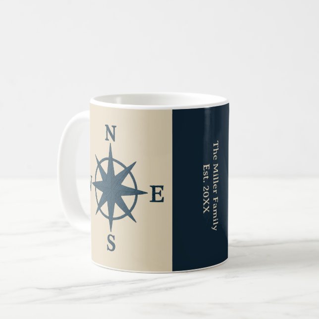 navy blue compass on beige & Family Name Year Coffee Mug (Front Left)