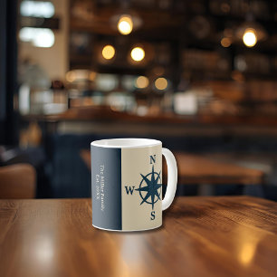 navy blue compass on beige & Family Name Year Coffee Mug
