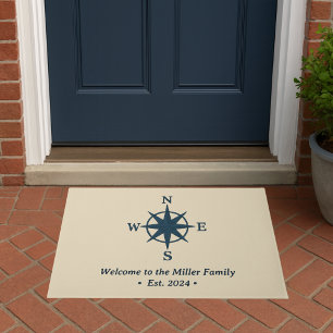 navy blue compass on beige & welcome Family Name Doormat