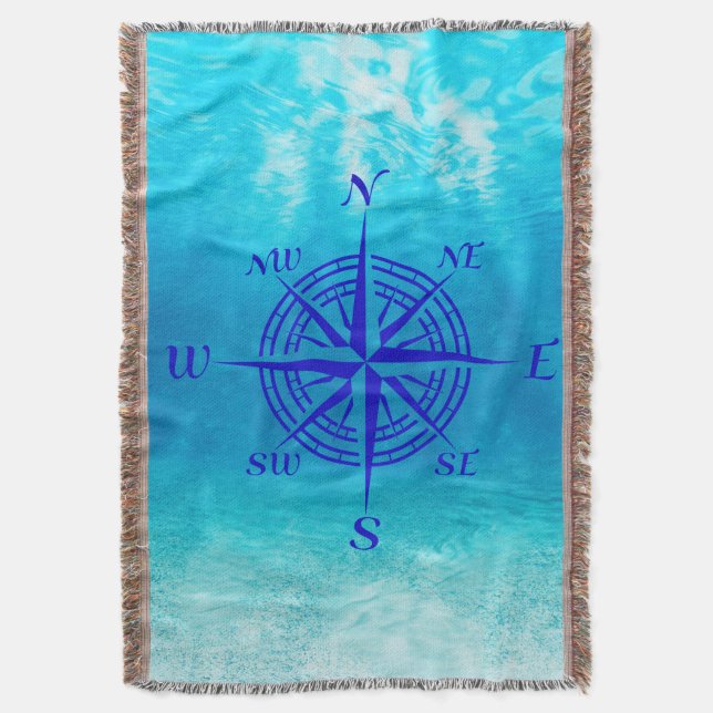 Navy Blue Compass Rose Throw Blanket (Front Vertical)