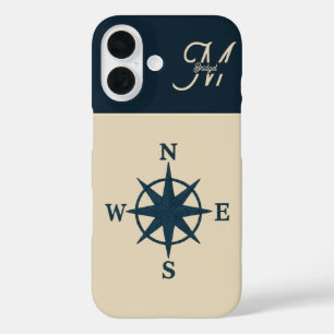 navy blue compass with Monogram Beige Coastal iPhone 16 Case