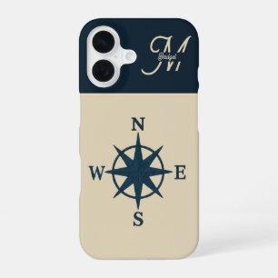 navy blue compass with Monogram Beige Coastal iPhone 16 Case