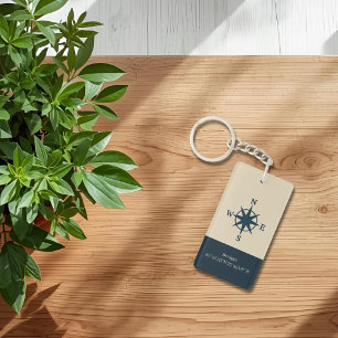 navy blue compass with Name and Coordinates Keychain