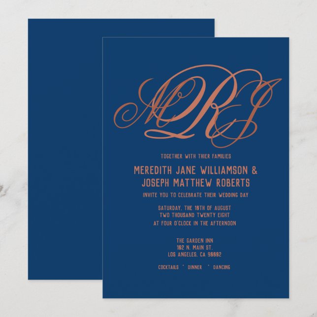 Navy Blue Copper Elegant Monogram Script Wedding Invitation (Front/Back)