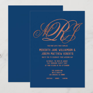 Navy Blue Copper Elegant Monogram Script Wedding Invitation