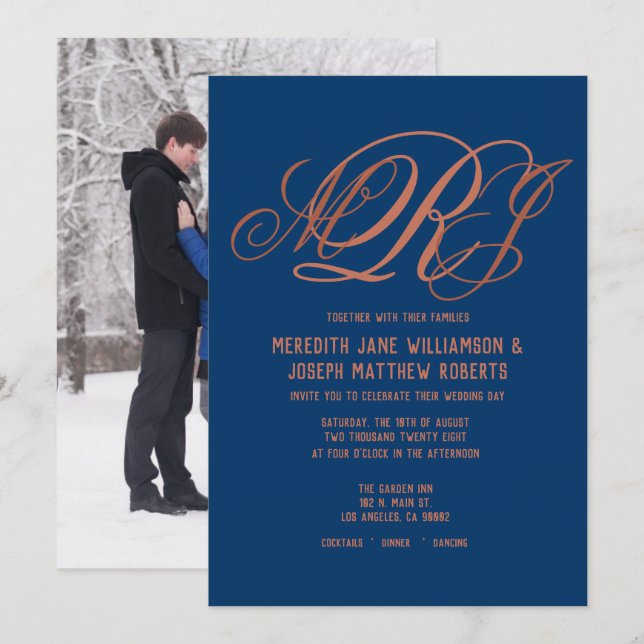 Navy Blue Copper Elegant Monogram Script Wedding Invitation (Front/Back)