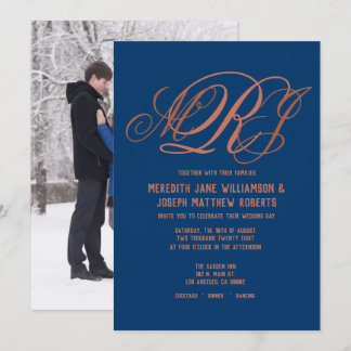 Navy Blue Copper Elegant Monogram Script Wedding Invitation