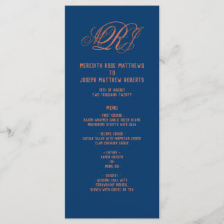 Navy Blue Copper Monogram Elegant Reception Menu