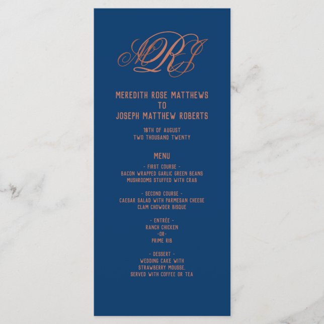 Navy Blue Copper Monogram Elegant Reception Menu (Front)