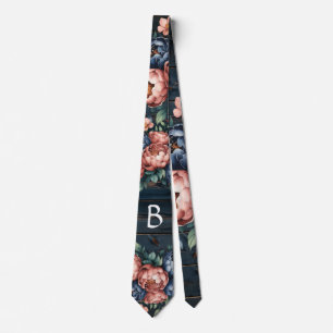 Navy Blue & Copper Peony Wood Groom Neck Tie