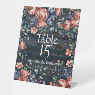 Navy Blue & Copper Peony Wood Wedding Table Number Pedestal Sign