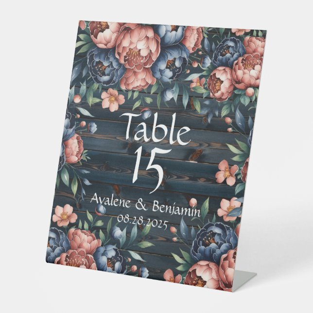 Navy Blue & Copper Peony Wood Wedding Table Number Pedestal Sign (Front)