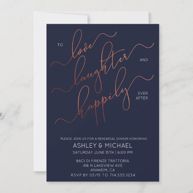 Navy Blue Copper Script Rehearsal Dinner Invite (Front)