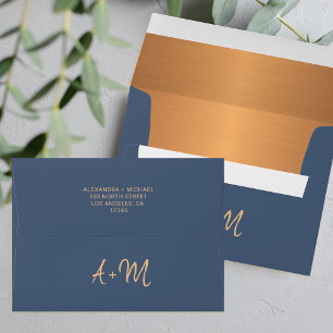 Navy blue copper typography monogram wedding envelopes