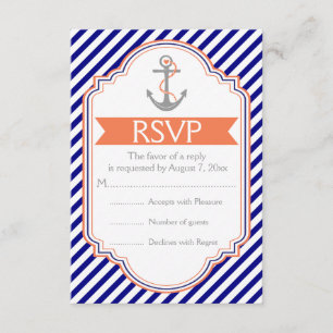 Navy blue, coral anchor nautical wedding RSVP